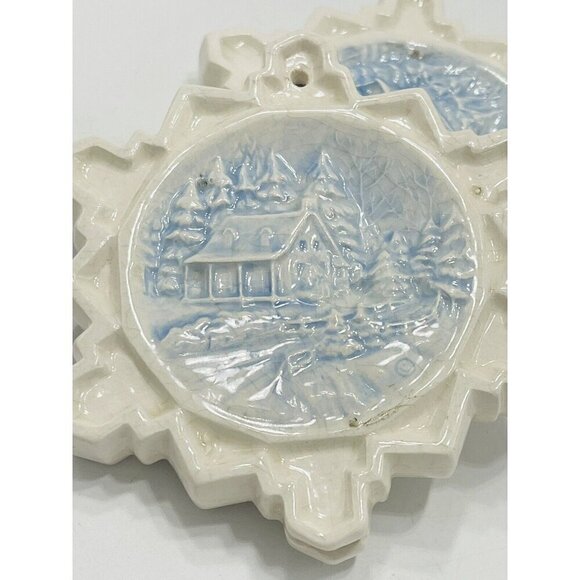Set of 2 Vintage Snowflake Ornaments Ceramic Winter Scenes 3D Duncan 3.5” White - Picture 8 of 10